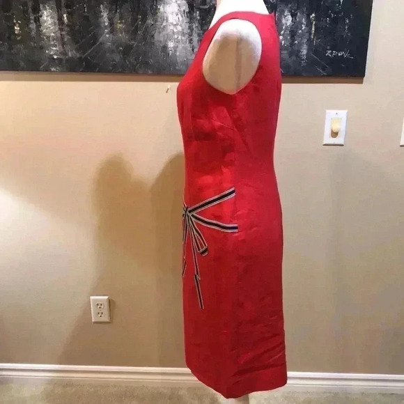 Sharon Young Red with Embroidered Bow Front Linen Sheath Dress-Size 2 - Picture 4 of 6